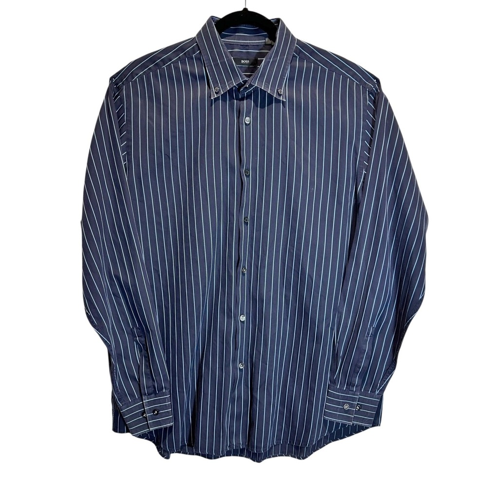 Hugo Boss BOSS Shirt Men 46/18 Navy Pinstripe Cotton‎ Euro Tailoring Classic Y2K